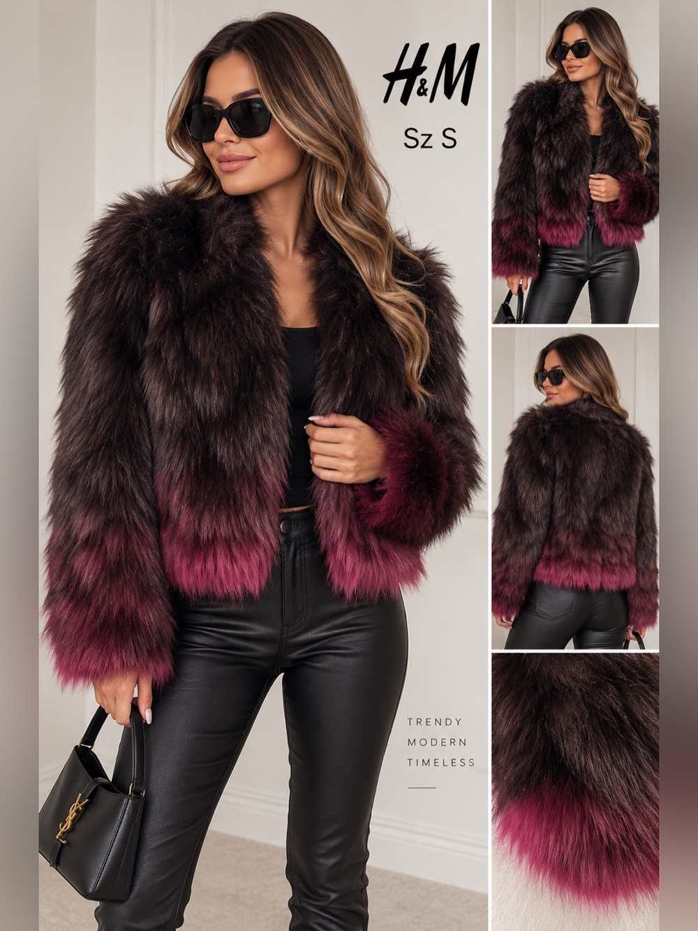 H&M Faux Fur Ombre Teddy Jacket in Dark Brown and Magenta